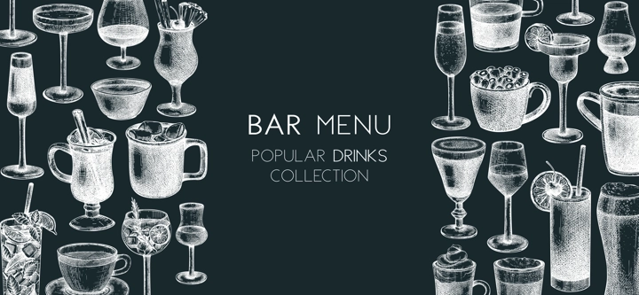 Hand-sketched drinks banner design. Vector sketches of popular beverages in elegant glasses. Popular drinks vintage hand-drawings. Bar or restaurant menu template isolated on chalkboard